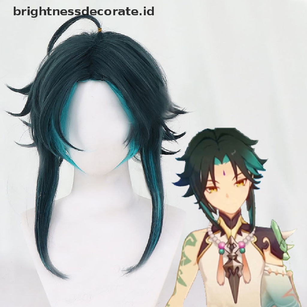 [Birth] Genshin Impact Xiao Cosplay Pria 40 cm Hijau Campur Wig Cosplay Anime Cosplay Rambut Palsu [ID]