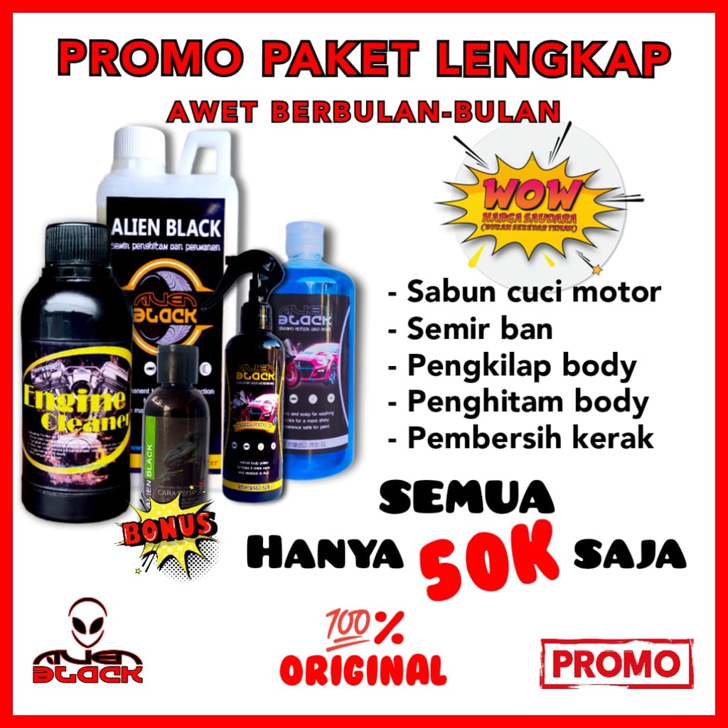Paket Lengkap Pembersih Motor Aline Black Penghitam Body, Semir