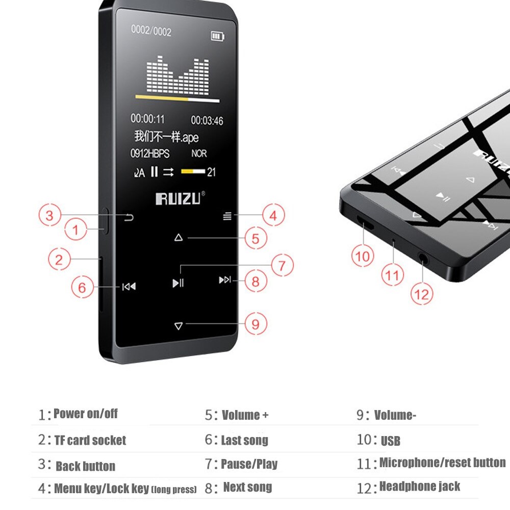 RUIZU MP3 Player Bluetooth HiFi Digital Audio Player Touchscreen 16GB - D02 - Black