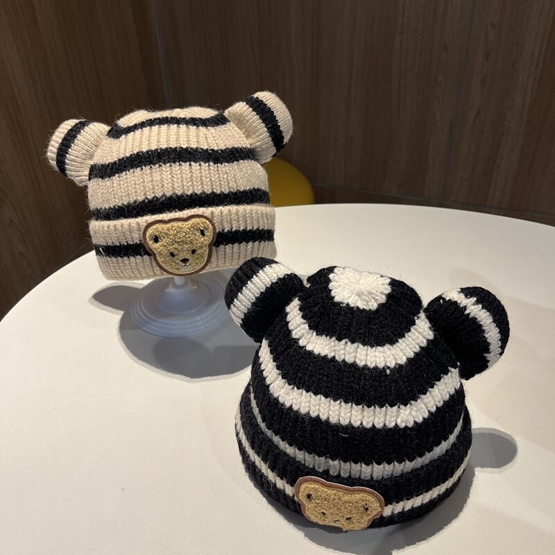 Topi kupluk anak unisex motif GARIS BEAR / kupluk bayi usia 6 bulan - 2 tahun import