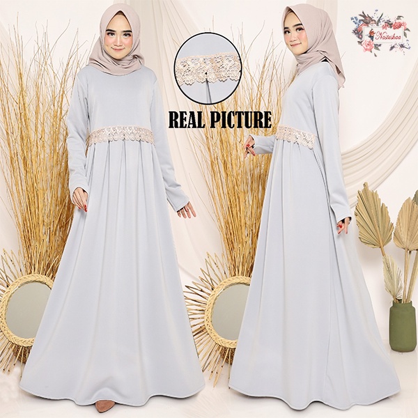 Gamis Syari Bahan Scuba Tebal | Gamis Maxy Variasi Renda | Long Dress Polos Resleting Belakang Baju Muslim Wanita Kekinian Elegan