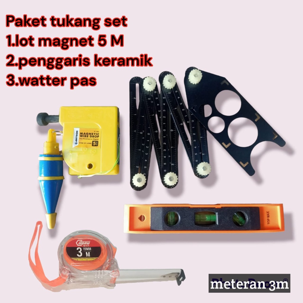 paket hemat Penggaris Lipat 6 Sudut Siku Tukang Keramik + meteran 3m + Alat Plumbing Lot Benang Magnet 5m + pengaris Waterpass torpedo 9&quot;