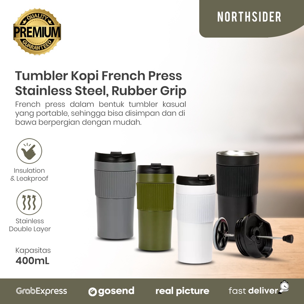 FRENCH PRESS TUMBLER KOPI TEH COFFEE 400ML STAINLESS STEEL RUBBER GRIP