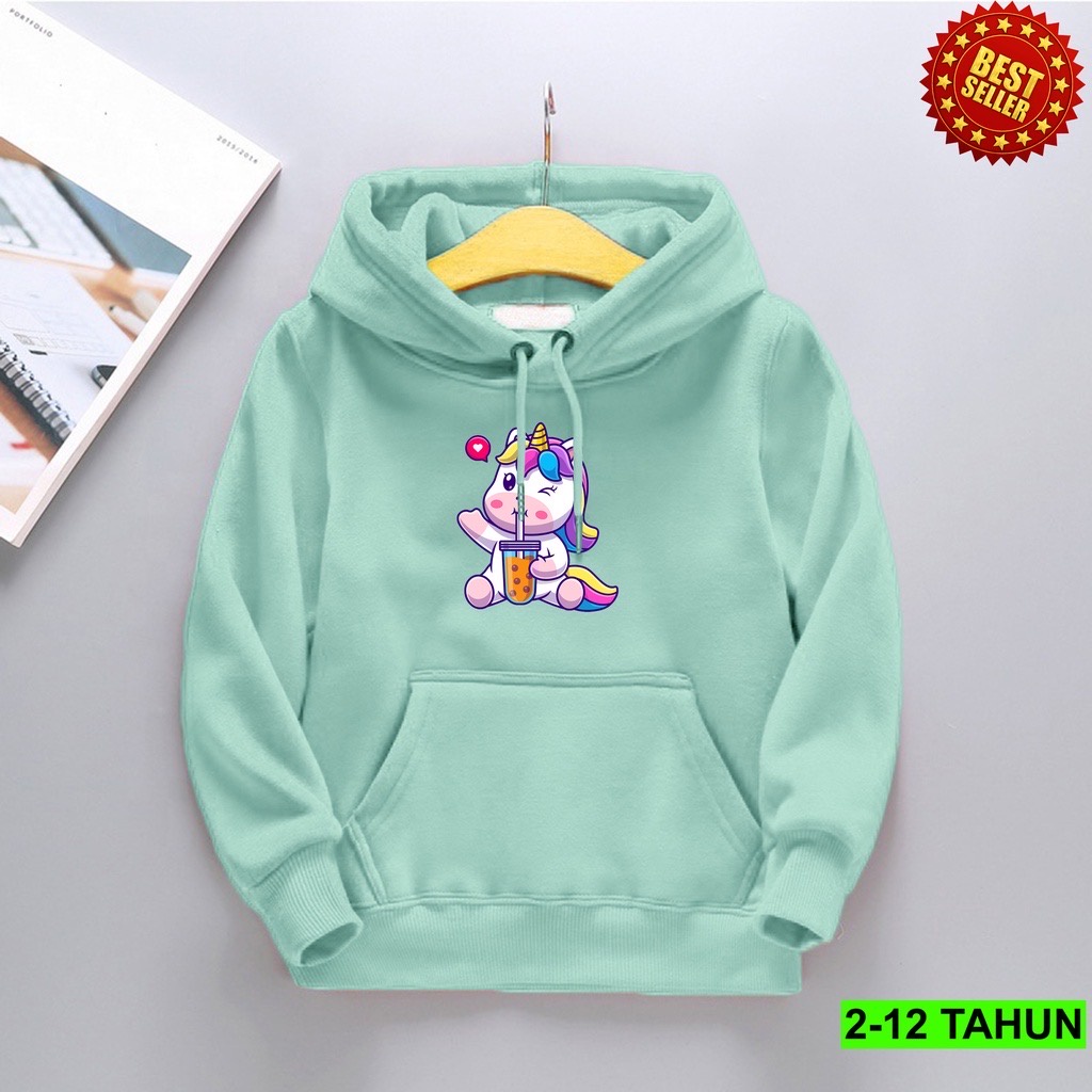 Jumper Hoodie Anak  LOVE BOBA UNIC0RN II Jaket Hoodie Anak Viral Bahan Fleece Sz M - XL ( Laki Laki &amp; Peremepuan )