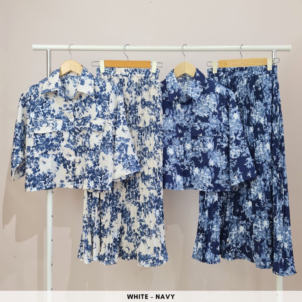 4744 tanari floral button pocket long sleeves plisket skirt one set rok