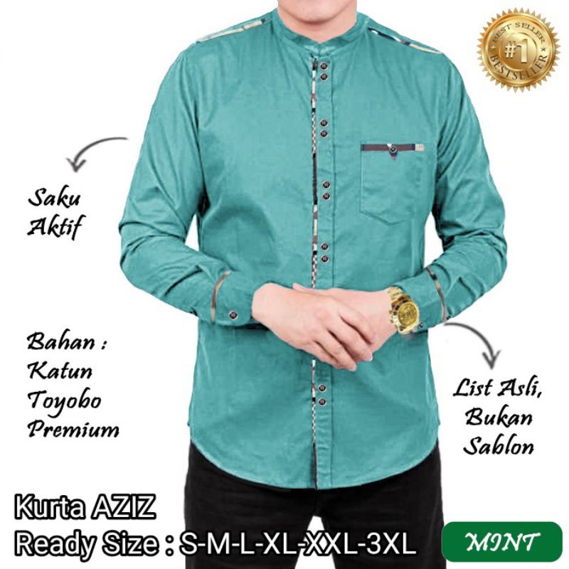 (NEW) KURTA AZIZ - Baju Kemeja KURTA Koko Pria Laki Muslim Lengan Tangan Panjang Bahan Katun Toyobo 