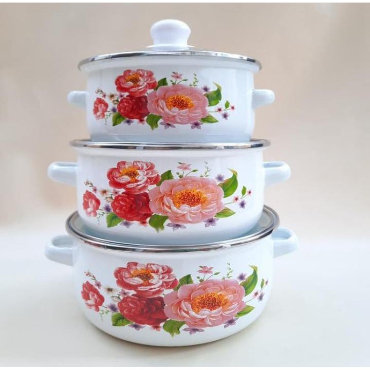 Hot Product Hot Sale Paling Laku Terlaris Panci Set Enamel Motif Kembang 3 Pcs / Gratis Packing