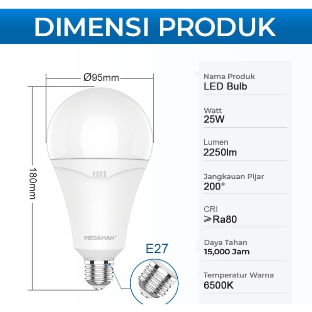 LAMPU LED / BOHLAM MEGAMAN A-BULB YTA95Z1 25W / 25 WATT GARANSI RESMI - 6500K PUTIH