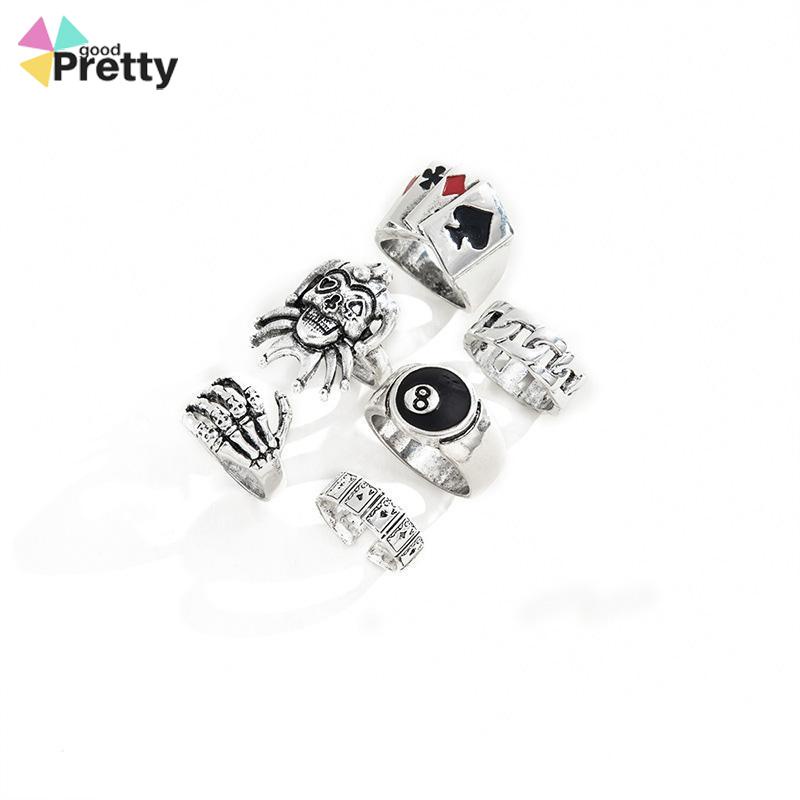 6PCS/Set Cincin Unisex  Punk Membesar-besarkan  Badut Poker Cakar Hantu Tengkorak  Perhiasan Bulat Nomor 8 - PD