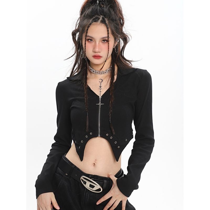 Red Musim gugur ceruk tidak teratur hot girl polo collar metal star zipper buckle slim-fit long-sleeve shirt T-shirt top female