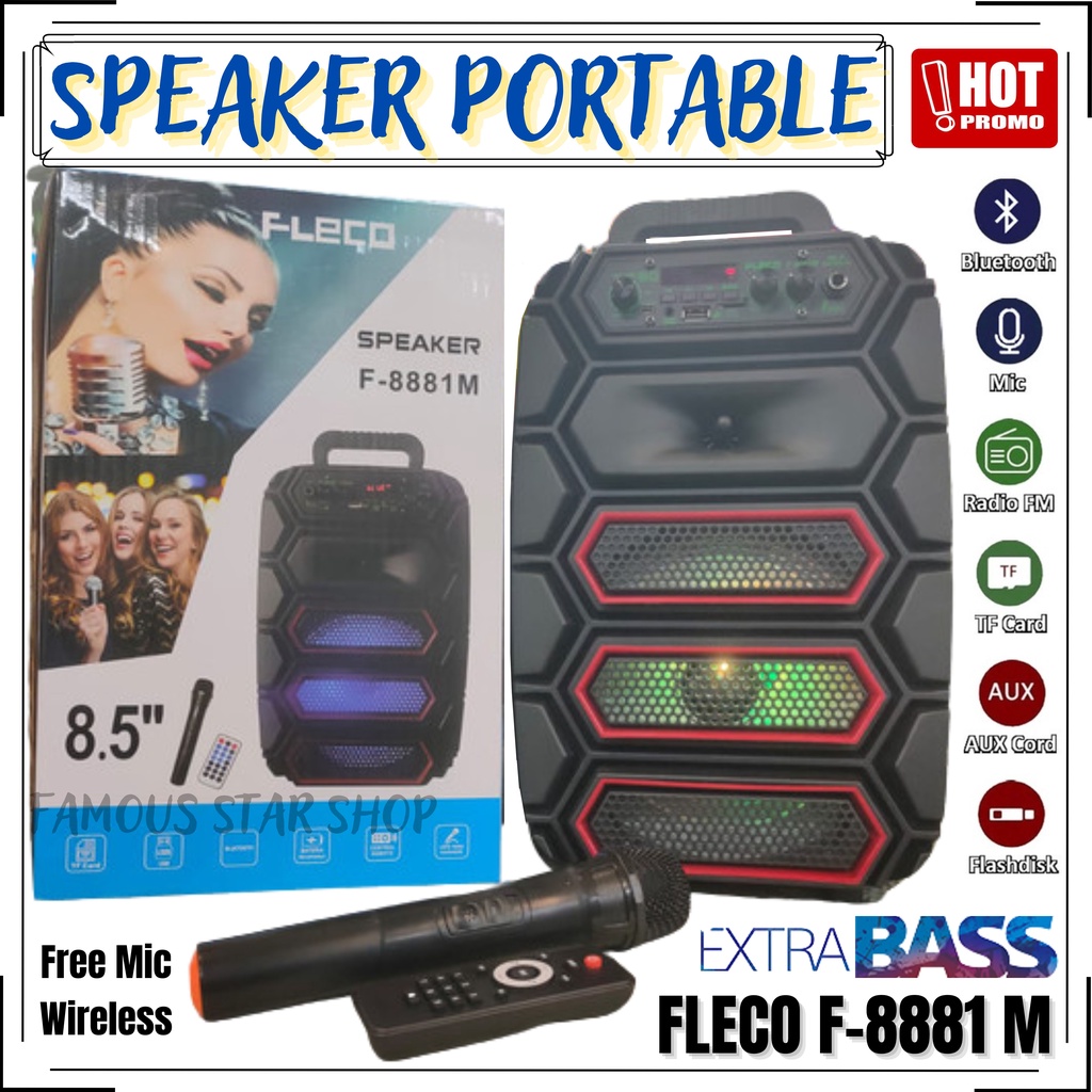 Speaker Bluetooth Super Bass 8.5 Inci Fleco F-8881 M Free Microphone Wireless / Speaker Wireless Aktif / Salon Bluetooth bt Speaker | Speaker Bluetooth Karaoke Wireless Fleco F-8881M 8,5 Inchi Gratis Microphone | Salon Aktif Portable Radio Fm | FMS