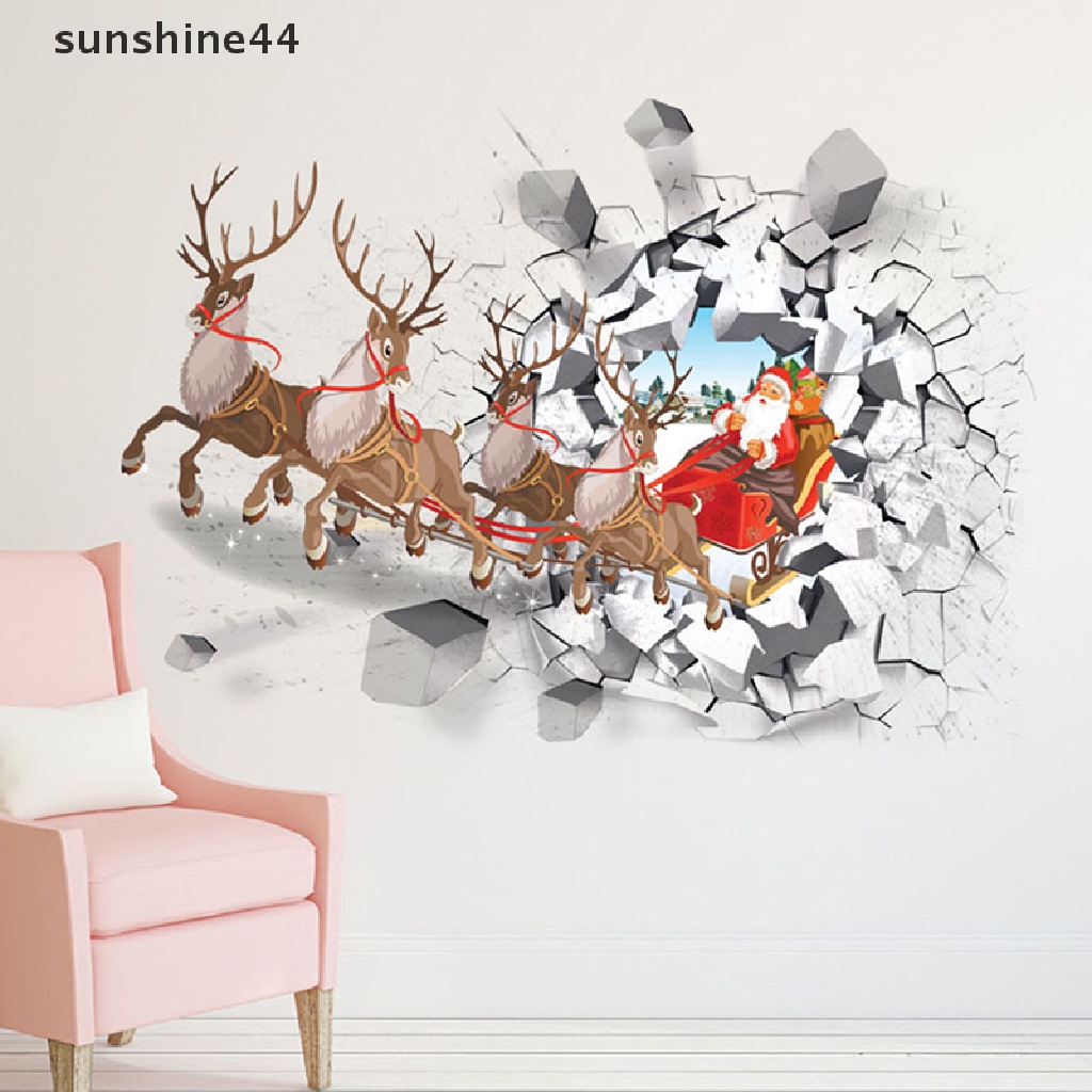 Sunshine Natal Stiker Dinding Decal 3D Simulasi Palsu Jendela Santa Claus Rusa Wall Sticker Window Rumah Vinyl Mural New Year Stickers.