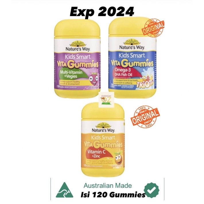 Natures Way Smart Kids Multivitamin Veggie/Vitamin C +Zinc/Omega 3 Fish Oil DHA isi 120 Gummies Orig