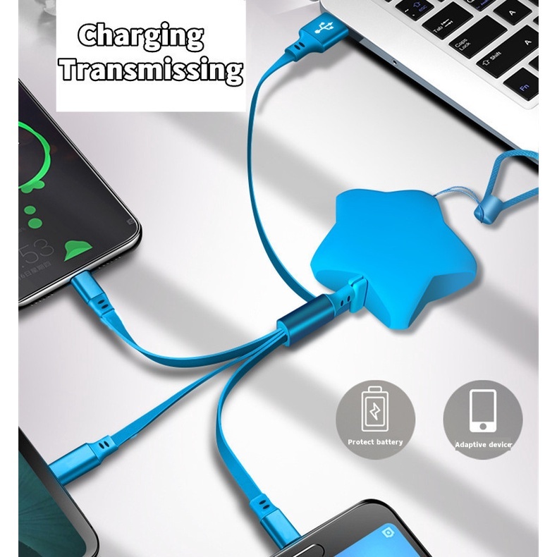 Lucky Star Penyimpanan Teleskopik Satu Drag Tiga Kabel Data Tarik Tunggal Pengisian Cepat Bintang Berujung Lima Macaron 3in1 Kabel Cas Hp