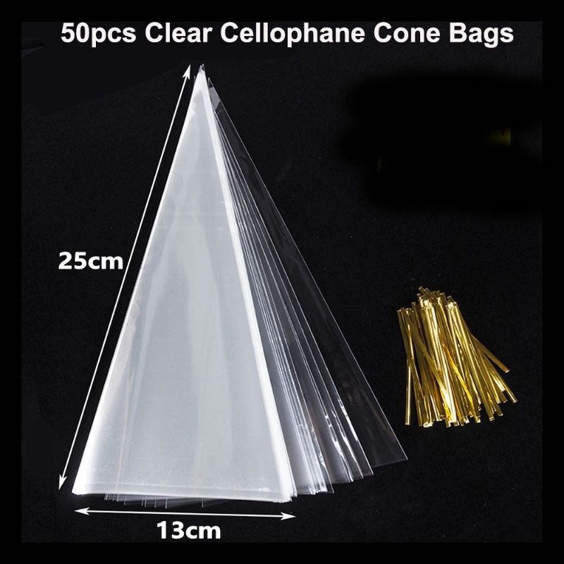 50 Pcs Pack Plastik Segitiga Cookies Bag Cone Bening Cellophane Packing Bag Pernikahan Ulang Tahun Natal Nikmat Packing Transparan Permen Kantong Dengan Dasi