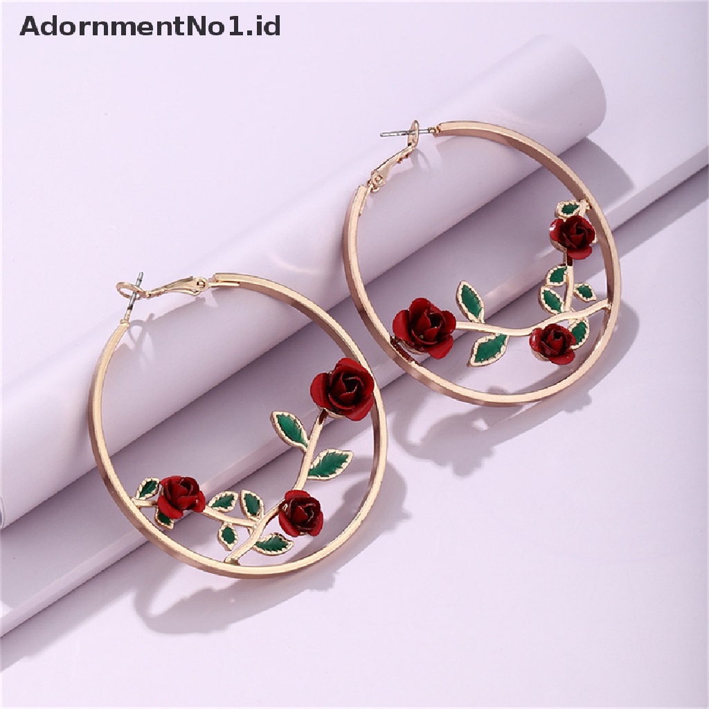 [AdornmentNo1] Wanita Bunga Hoop Anting Mawar Berongga Anting Berlebihan Bulat Perhiasan Fashion [ID]