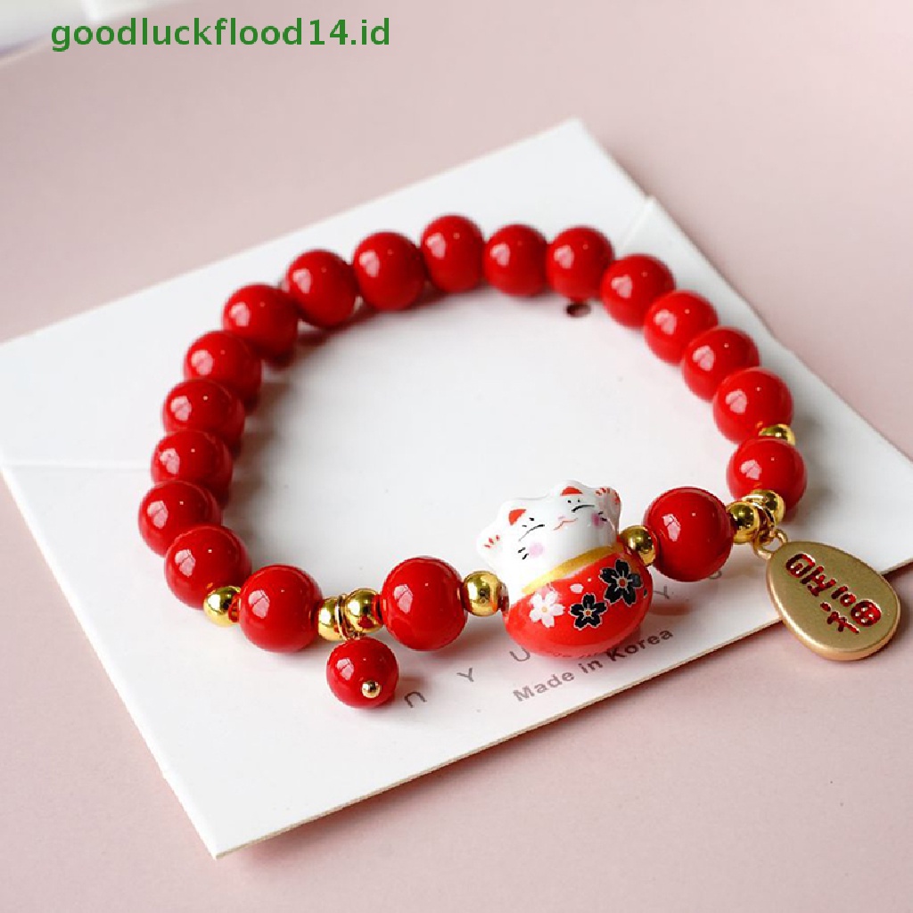 [GOOGFOUR] Manik-manik Merah Gelang Keramik Tali Tenun Tangan Manik-Manik Plutus Kucing Stretch Bracelet [TOP]