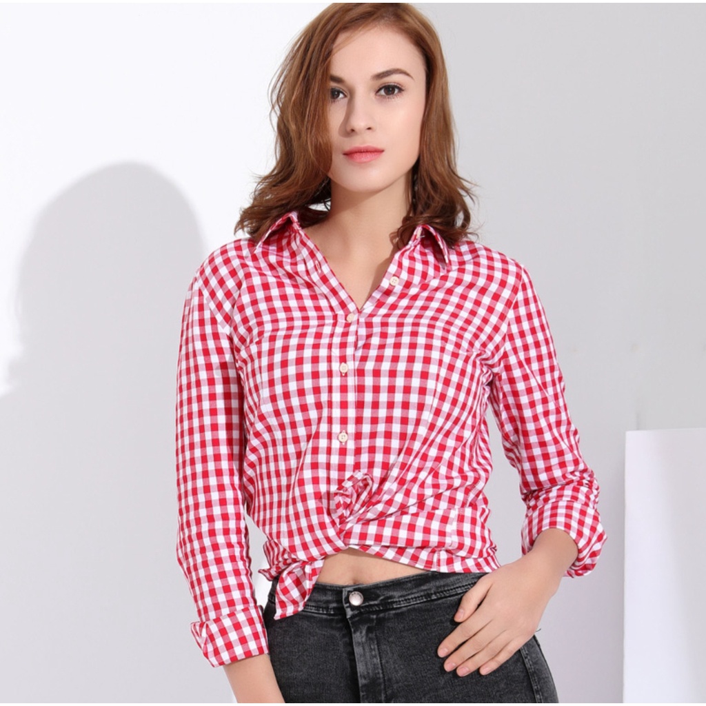 KEMEJA WANITA LENGAN PANJANG CASUAL OVERSIZE JUMBO BIG SIZE M L XL XXL KATUN FLANEL KOTAK 1CM MERAH 