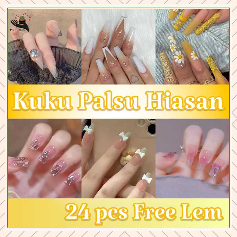 Pretty KUKU TIPE D/WR/MJ Kuku palsu 24 pcs Fashion Acylic Free lem 2gr/Fake Nail Art/Kuku Palsu Panjang