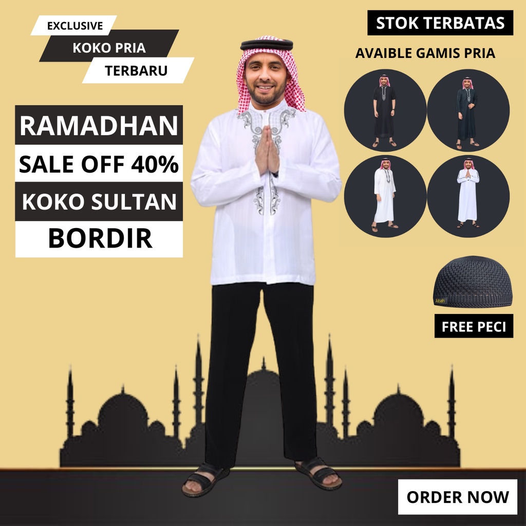 Baju Koko Pria Dewasa Bordir Lengan Panjang Putih Motif Premium Terbaru