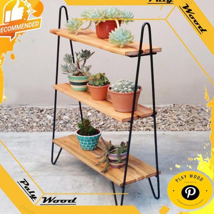 Rak Rak Bunga Besi Kayu 3 Susun Minimalis Tempat Dekorasi Tanaman Rumah