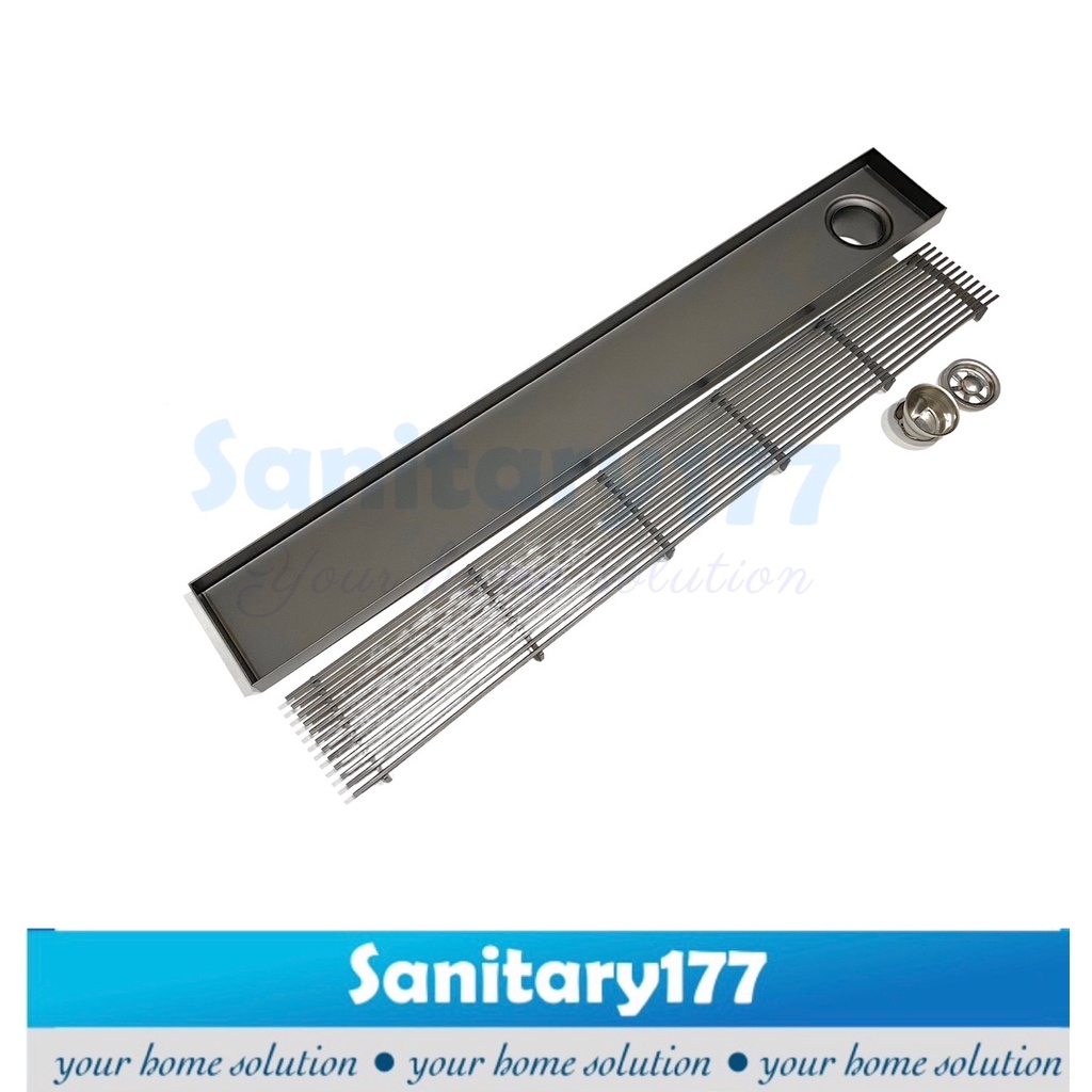 Saringan got Panjang 60cm Grey abu tile drain stainless lubang samping -Floor drain tebal drainer pembuangan air mandi stenles gun metal  anti bau tikus kecoa