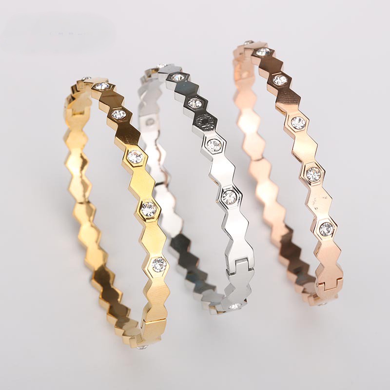 Gelang bangle HEXAGONAL ZIRCON titanium kualitas import korea anti karat