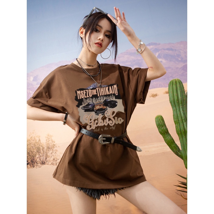 EUNII Brown T-shirt Lengan Pendek Retro Car Printing Korean Style/Kaos Atasan Wanita/Baju Kaus Oversize Wanita/Kaos Wanita