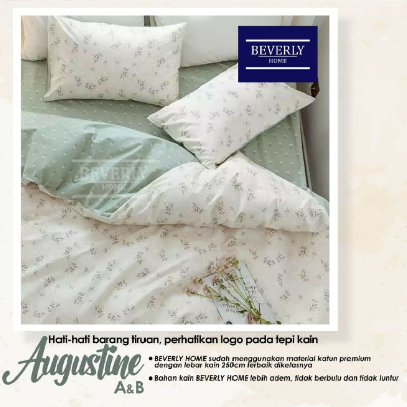 Sprei anti geser katun beverly motif AUGUSTINE kombinasi putih/cream dan hijau