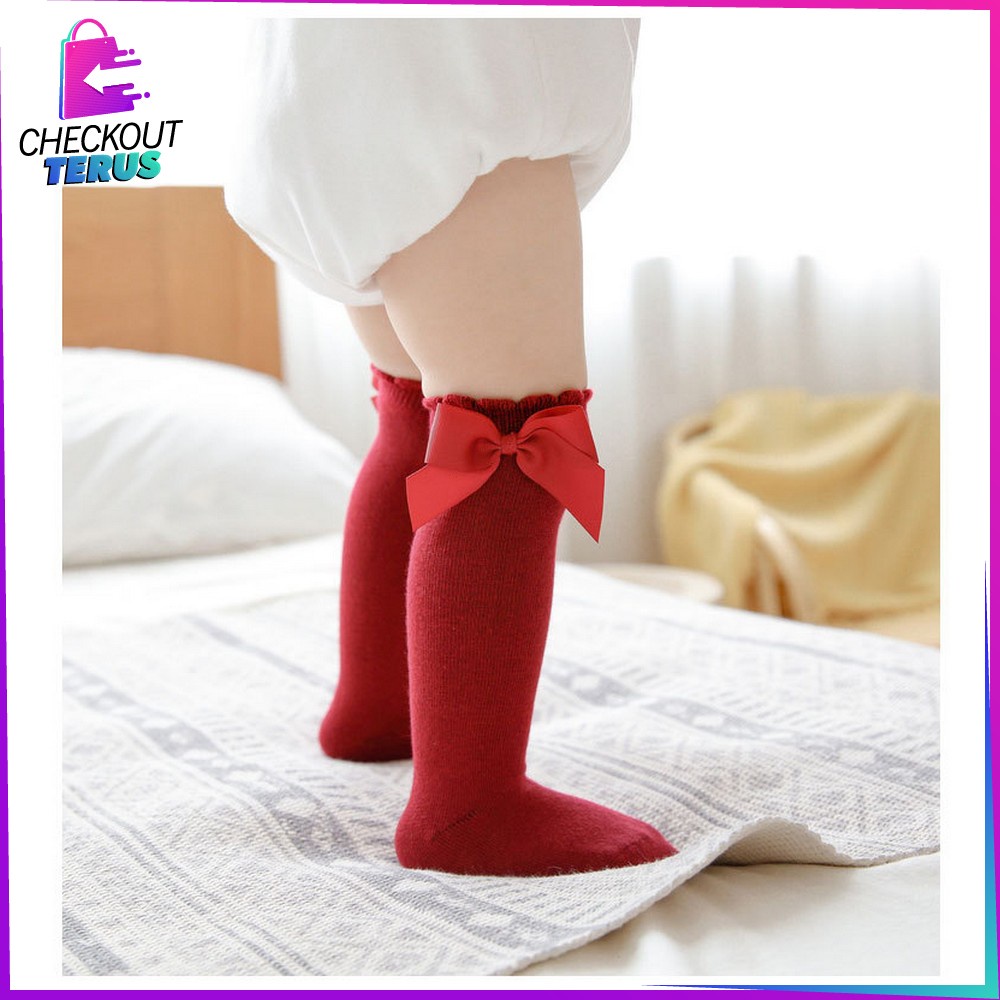 CT P532 Kaos Kaki Bayi Panjang Pita Selutut Anak Perempuan Motif Polos Anti Nyamuk Ribbon Sock Import