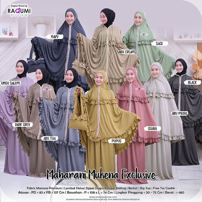 Mukena Exclusive [ Maharani Mukena Exclusive Berlabel ORI Raqumi Hijab Bahan FAbric Mamosa Premium s