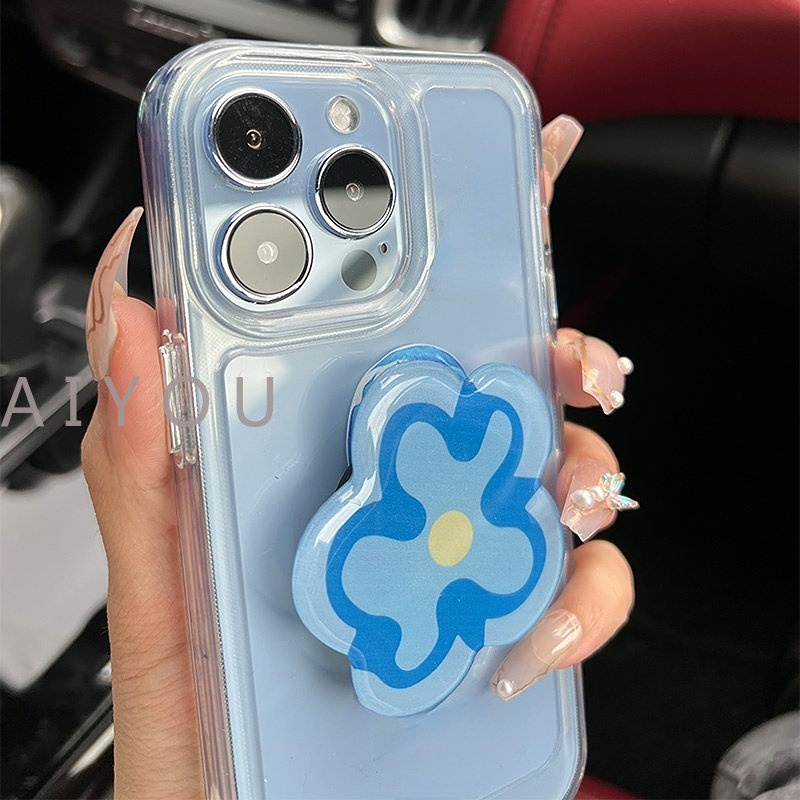 IPHONE Casing Hard Case Bening Tahan Guncangan Mewah Untuk Iphone13 14 12 Pro Max11 X XR XS 7 8 Plus Pelindung Lensa Kamera Transparan Soft Cover+Phone Holder Bunga Biru