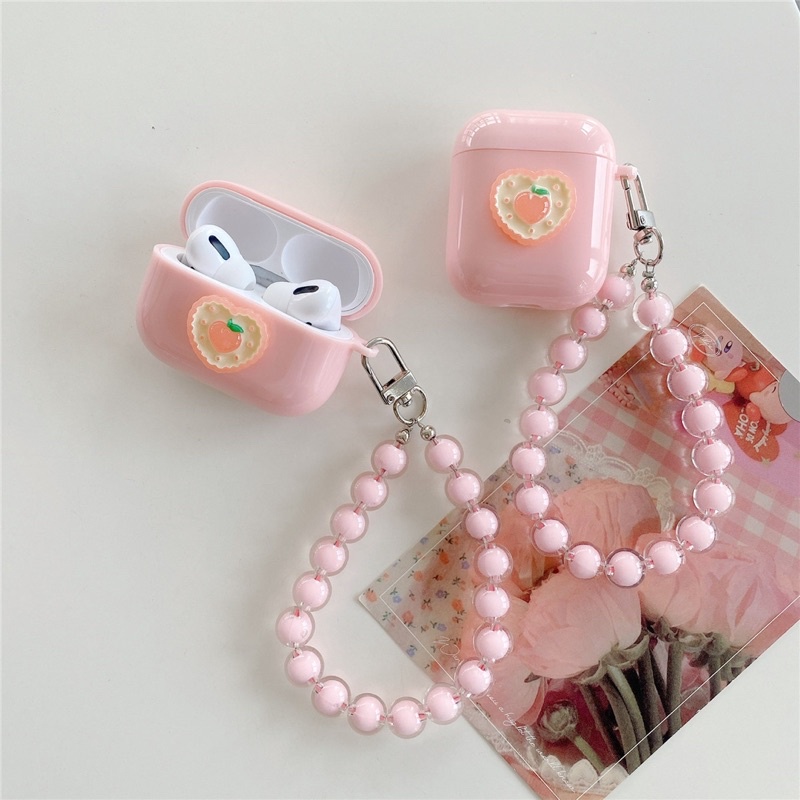 Pink Heart Peach with Beads Chain Softcase for Inpods TWS Airpods 1 2 Pro 3 Case Airpods Lucu