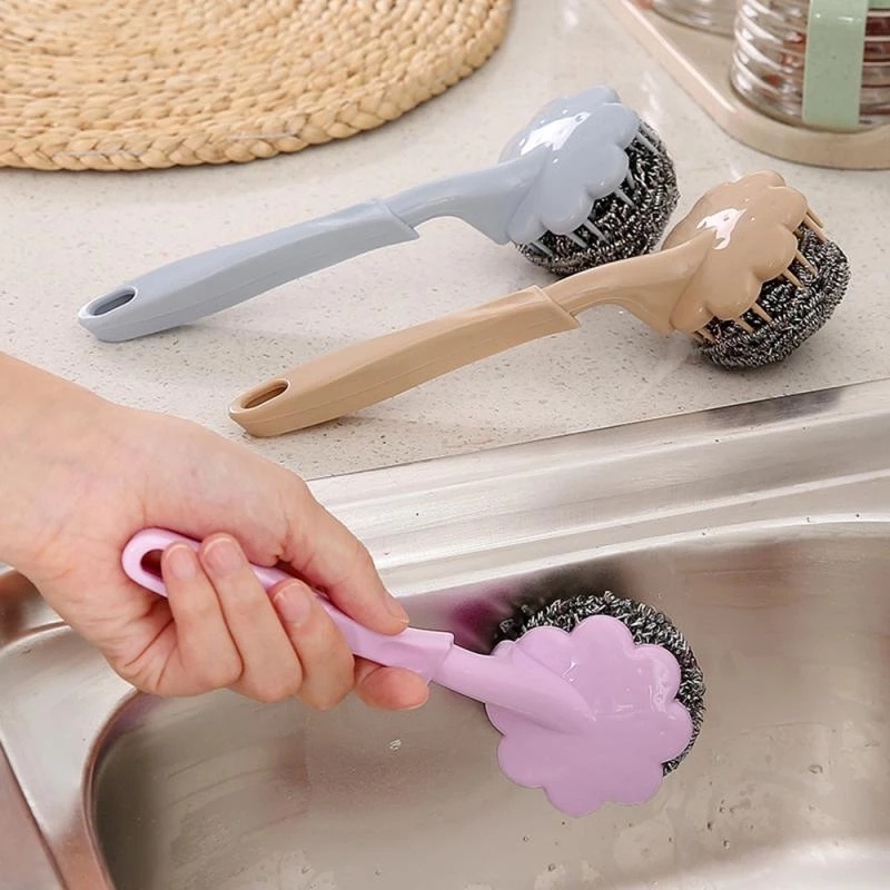 1pc Sikat Pembersih Dapur Ramah Lingkungan Sikat Bola Kawat Stainless Steel Dengan Gagang Panjang Panci Oven Wastafel Alat Pembersih Panci Tile Cleaner