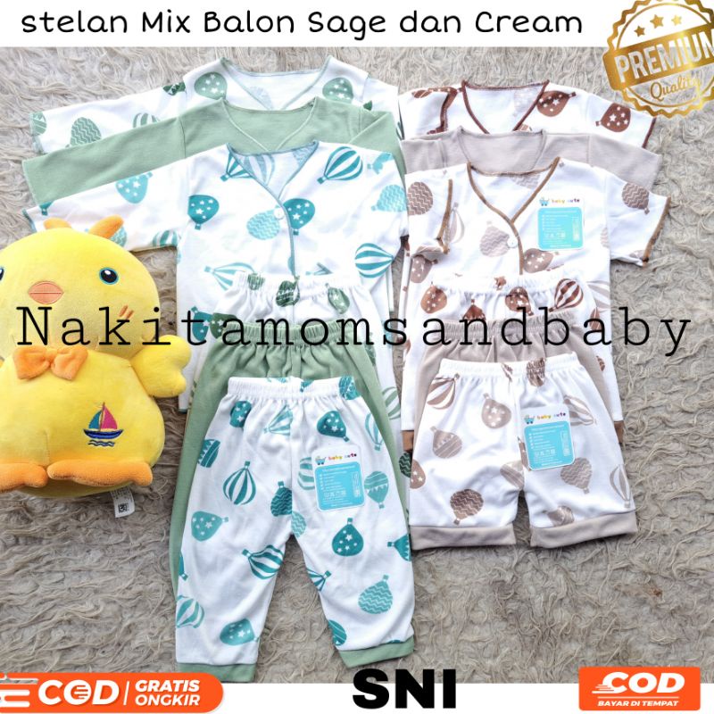 Setelan Mix Baju Celana Bayi Lengan Pendek dan Panjang 6 stel SNI Balon Mix Cream dan Sage promo 9.9