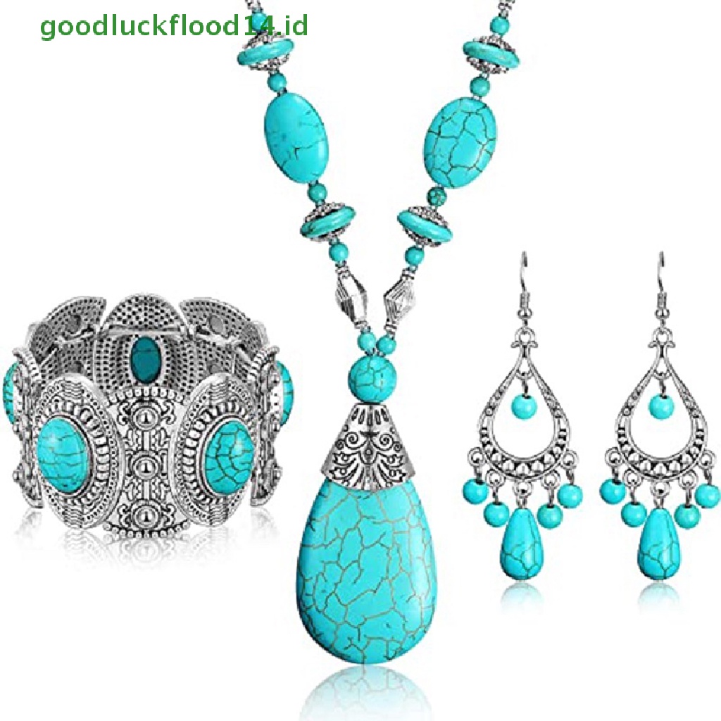 [GOOGFOUR] Vintage Perak Disepuh Turquoises Stone Pendant Kalung Bohemia Pernyataan Perhiasan Tetesan Air Logam Liontin Kalung Wanita [TOP]