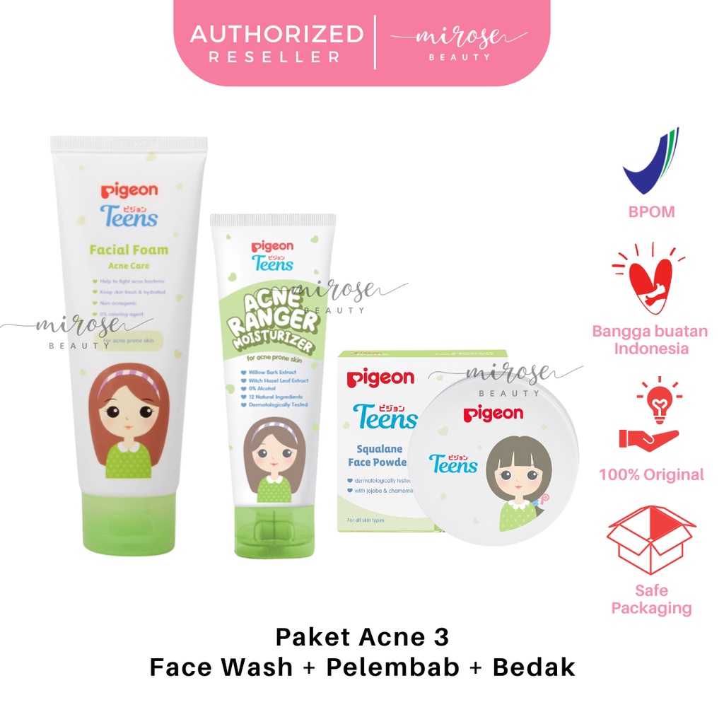 [ISI 3] PIGEON TEENS Paket Acne 3 : Acne Care Wash 100ml + Acne Ranger Moisturizer 20ml / 50ml + Face Powder | Paket Jerawat Remaja Isi 3