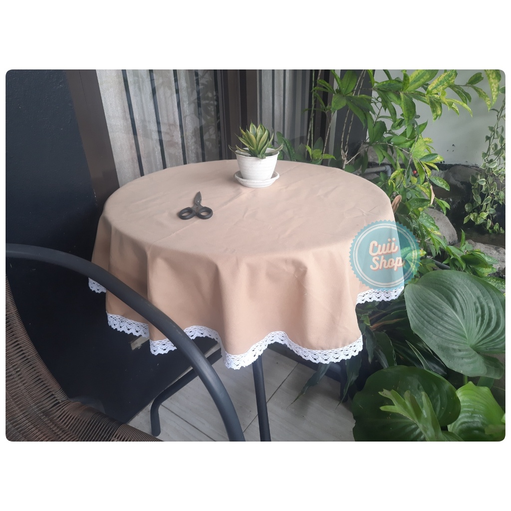 RB Taplak Meja Bulat Kain Polos Keliling Renda Rajut Ukuran Kecil dan Besar Elegan Kekinian Bahan