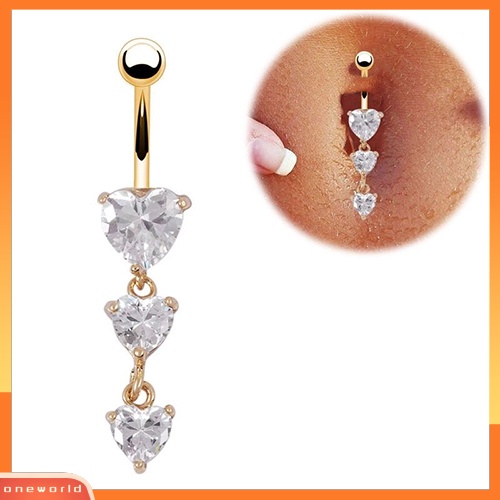 [oneworld] Cincin Pusar Emas Tindik Tubuh3Hati Kristal Bening Menjuntai Belly Button Rings