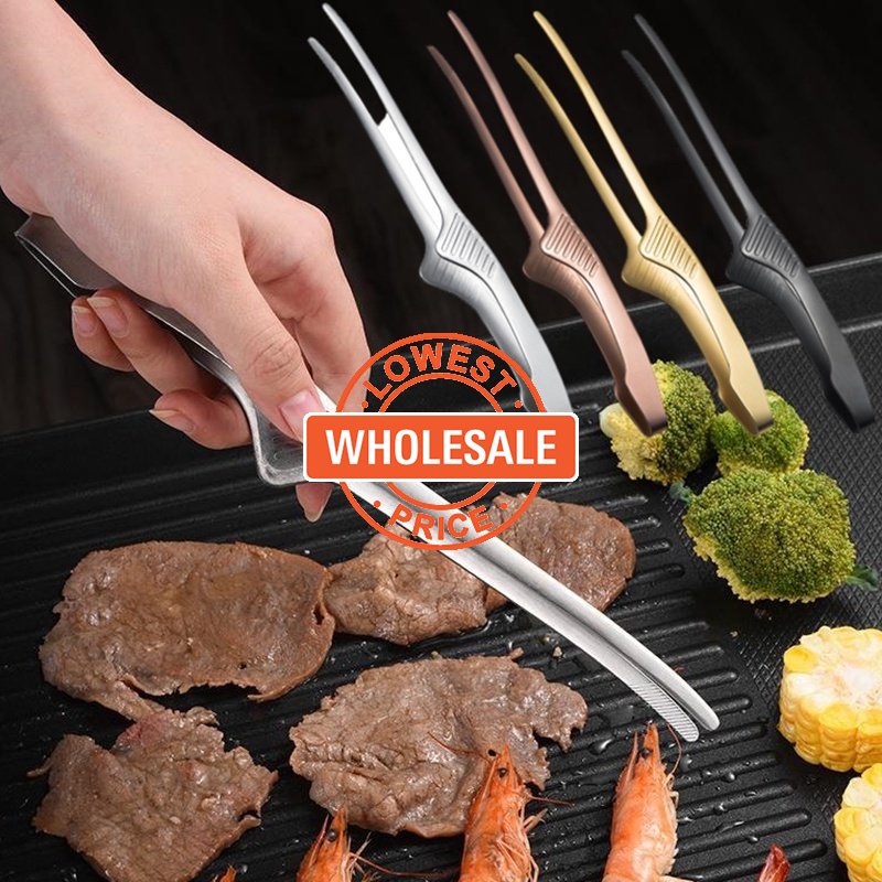 [Grosir] Korea Stainless Steel Barbecue Klip Halus Western Steak Klip Multi Purpose Makanan Terbalik Anti Slip Alat Tang