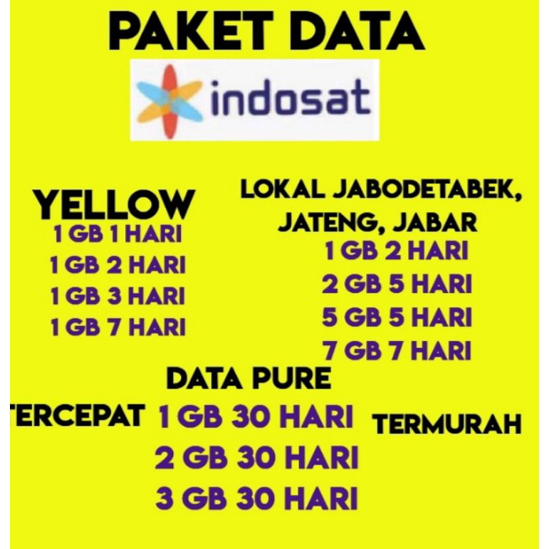 PAKET DATA INDOSAT YELLOW 1GB 1 HARI DAN 1GB 3 HARI 24 JAM ALL JARINGAN