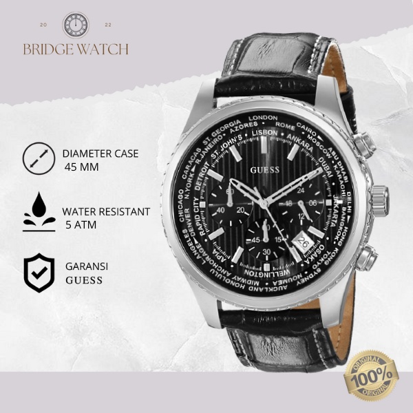 Jam Tangan Pria Guess W0500G2 Original Chronograph Analog Sporty Day Date Black Leather Strap Kulit 