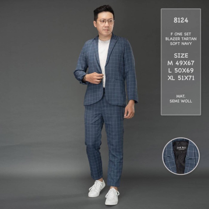 Blazer 8124 Blazer Pria Satu Set F One Set Blazer Tartan Soft Navy