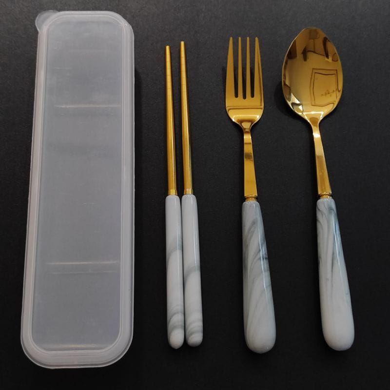 {DS} Set Sendok Garpu Sumpit Alat Makan Set Travel Set Marble Korea Gold