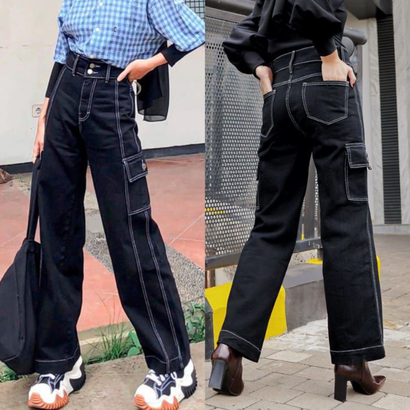 Celana Cargo Highwaist Loose Jeans Wanita Ootd