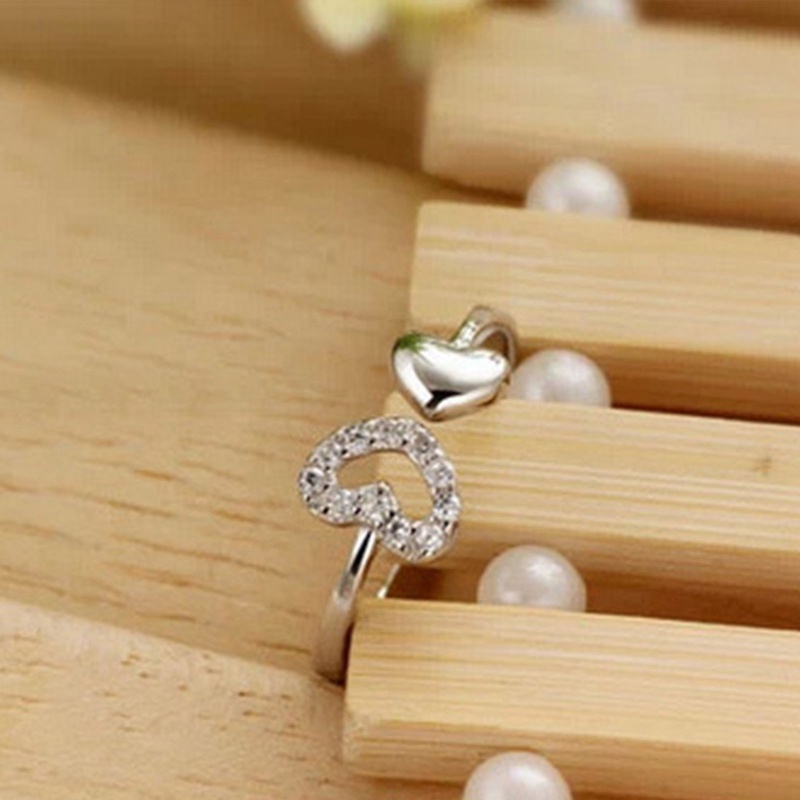 Cincin Hati Ganda Untuk Wanita Pembukaan Dapat Disesuaikan Berlian Imitasi Simple Ring