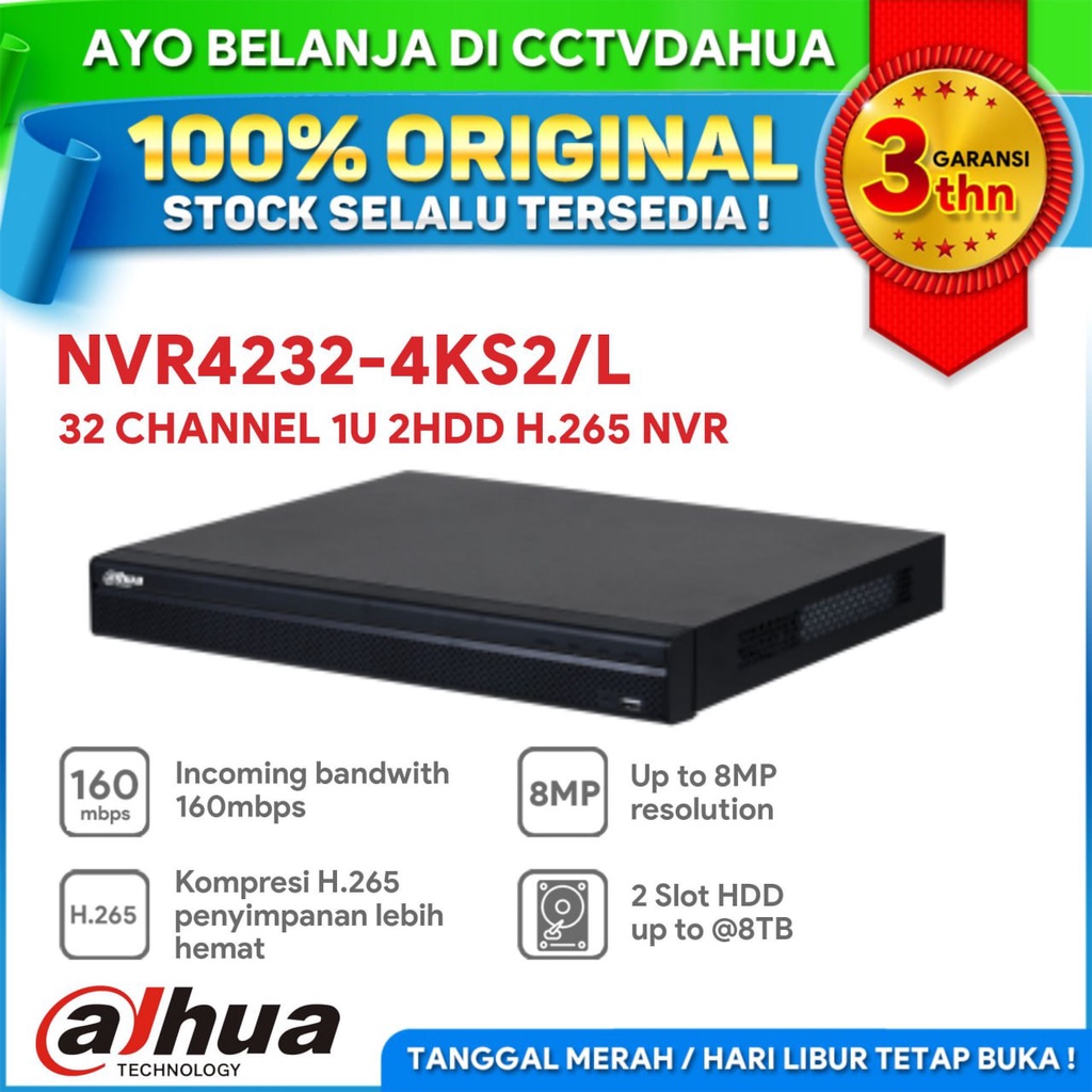 DAHUA NVR4232-4KS2/L NVR 32 CHANNEL 1U 2 SLOT HDD BERGARANSI RESMI