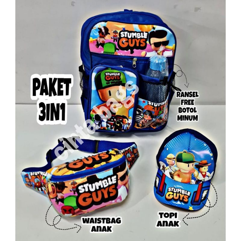 Tas ransel anak stumble guys 4in1 - tas + waistbag + topi + botol minum