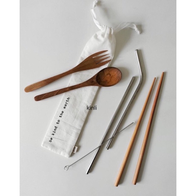 wooden cutlery set eco friendly sendok garpu kayu sumpit sedotan pouch