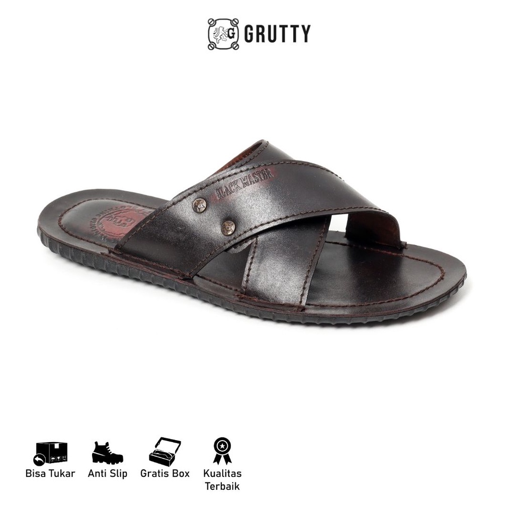 Sandal Pria Kulit Grutty DC023 ORIGINAL Sendal Slide Fashion Coklat